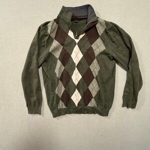 Preppy Retro Golf Green Grey Argyle 1/4 Zip Cotton Pullover Sweater Men Medium